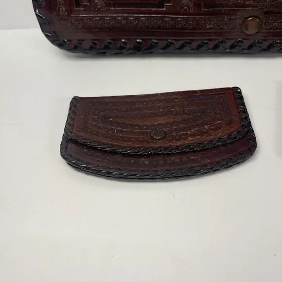 Wallet Fold Hand Tooled Leather Embossed Aztec Stamped Mexico Brown 12x7.5in WOW